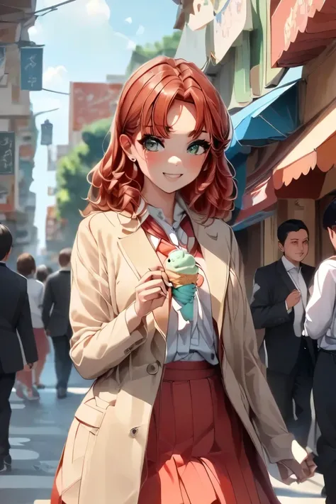 Anime woman, miaka yuki, red hair ، yellow eyes, simple  red drees,  with ice cream, in street ,by ai منظر خلفيّ, لقطة مقرّبة, جدول تنظيم الجلوس, 