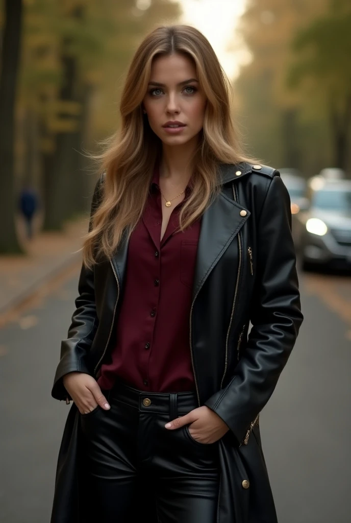 real photo, donna di 30 anni, beautiful , another sexy one, bionda capelli lunghi ondulati, green eyes,  wears burgundy shirt ,  black leather coat , black leather pants ,  standing on the street with the woods on the sides, white light 
