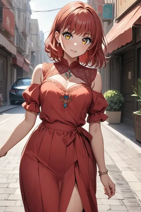 Anime woman, miaka yuki, red hair ، yellow eyes, simple  red drees,   , in street , منظر خلفيّ, لقطة مقرّبة,   , 