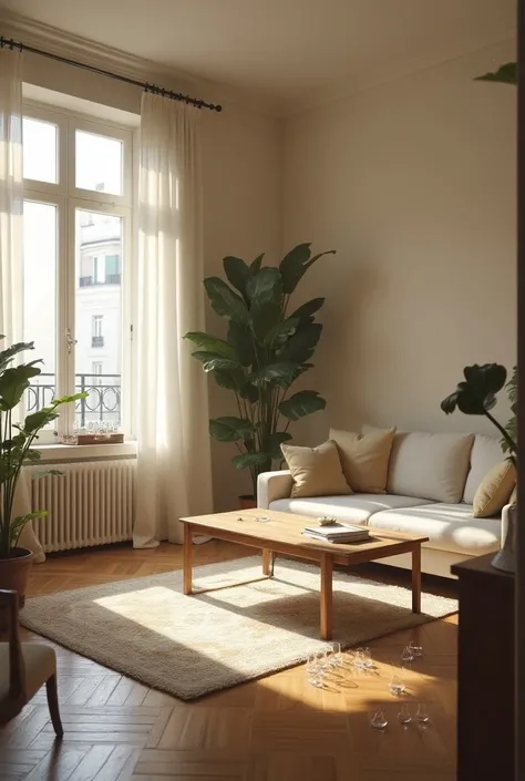 a cozy but devastated living room. bright parquet floor, white couch beige cushions. and carpet under the living room table in a masionette apartment, table is broken, glasses are on the floor