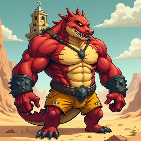  A huge red muscular crocodile furry jock with yellow glowing eyes without pupils in black metal bracelets, wearing yellow pants, he holds a fortress in his hands above his head while standing in the desert in cartoon style 