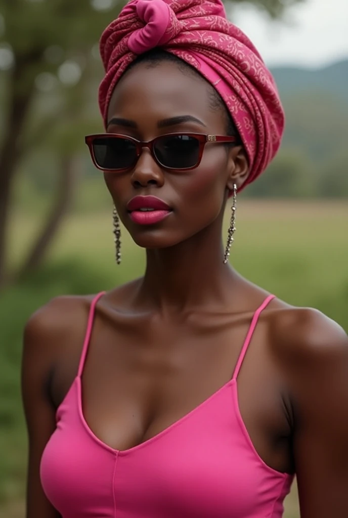 (photorealism:1.2), beautiful woman, black, wearing doek, sunglasses, pink lipstick, pink summer top