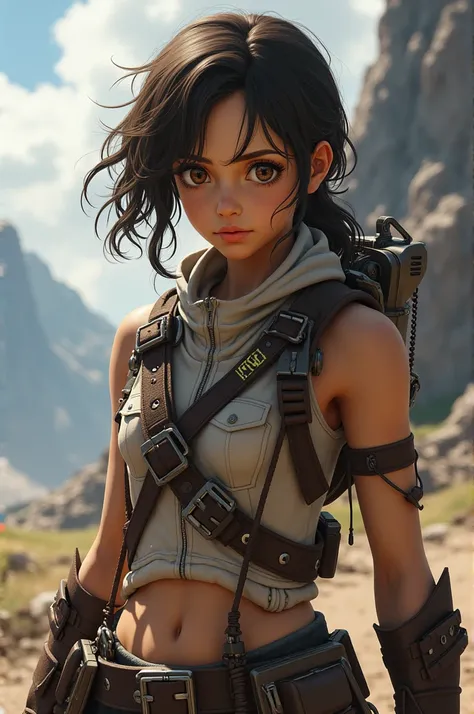 Girl with titan attack anime equipment, with brown curly hair, tanned skin and brown eyes