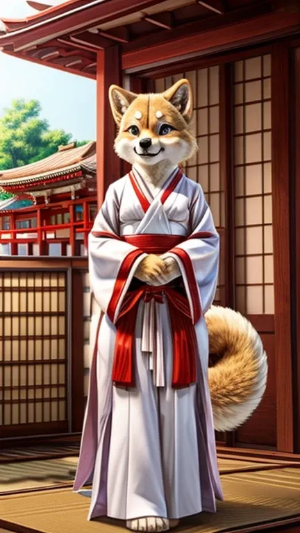 ((furry)),  Shiba Inu Girls、Japanese shrine maiden costume、Japanese Shrines、((Best Quality))