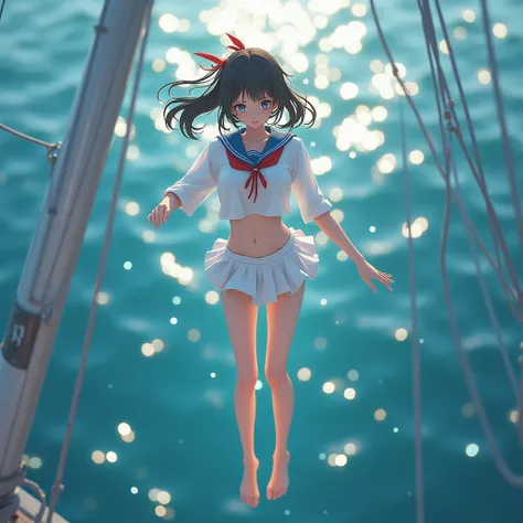 Haunting Live-Action, Extremely Detailed KAWAII JK Diving from The main mast of the sailboat, Sparkling, LifeLike Rendering, MotionBlur, (XLabs F.1 Realism LoRA V1), White Sailor Uniform with Thongs, Red Ribbon Ponytail hair fluttering in the wind, Profess...