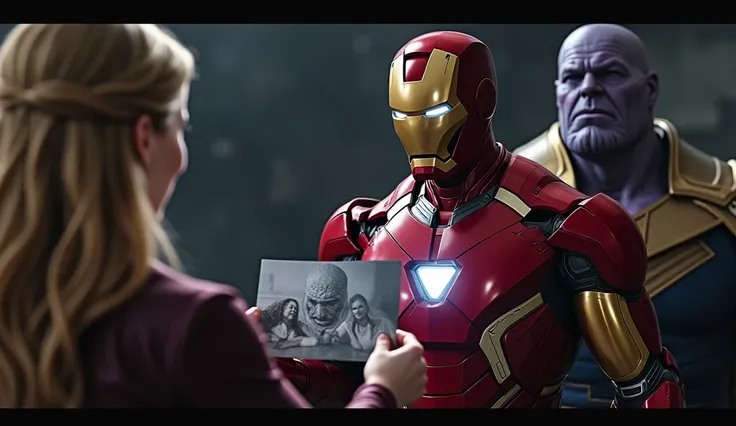 Ironman received a photo from thanos emms and thanos in same photo emma frost crying 