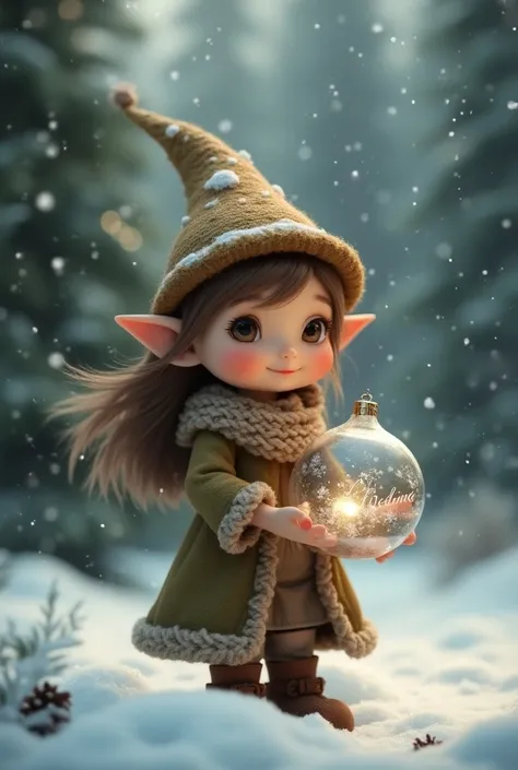 
Little elf long hair brown hat holding a transparent ball with the first name Melinda written on the Christmas decoration ball