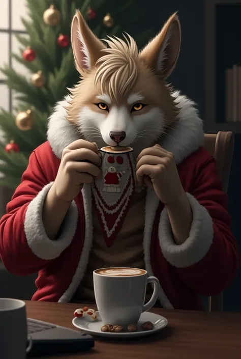 An adult male furry with pale depression on his face wearing Christmas suits drinking anime-style coffee