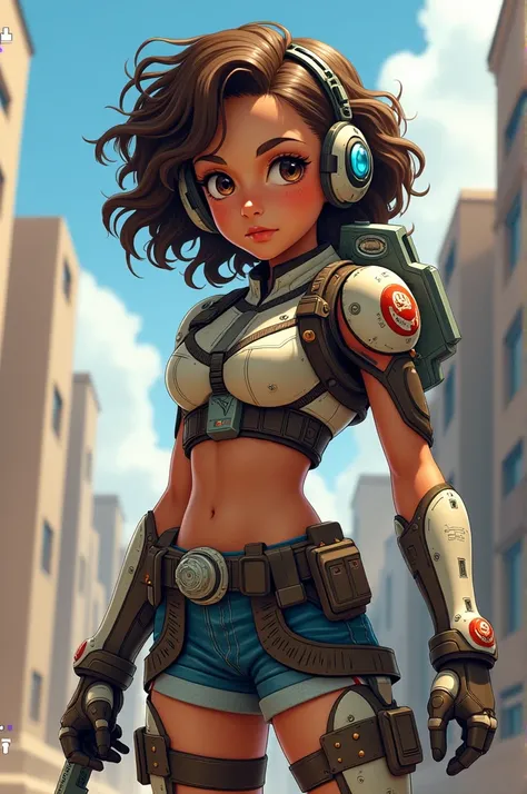 Girl with titan attack anime equipment, with brown curly hair, tanned skin and brown eyes. (In 2D)