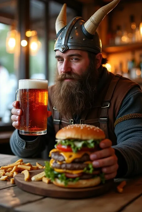 Logo for a striking and very creative brewery with the name "Fells burger"
with a viking drinking beer and eating hamburgers