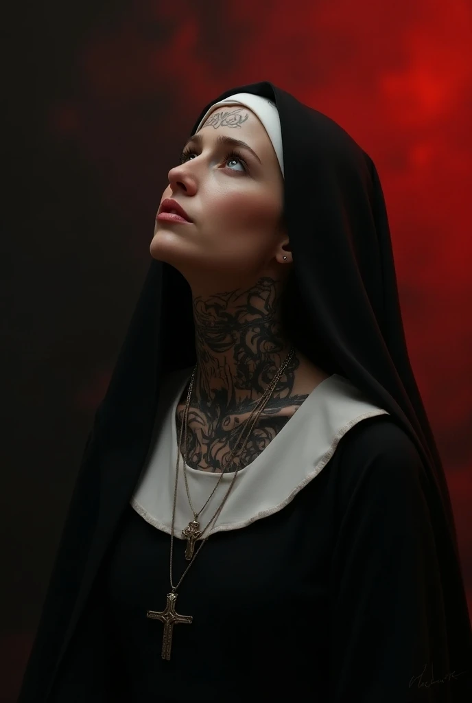 NUN WITH TATTOOS ON HER NECK LOOKING UP SIGHING AN EPIC CIGAR BLACK TO RED BACKGROUND
