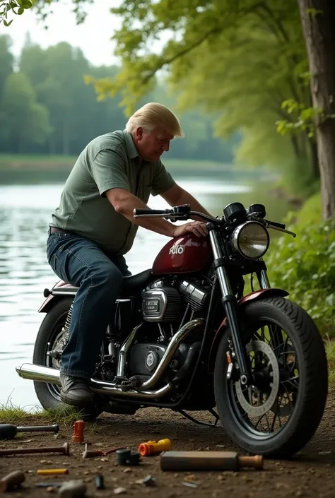 President Donald Trump fixing a motorcycle on the riverbank