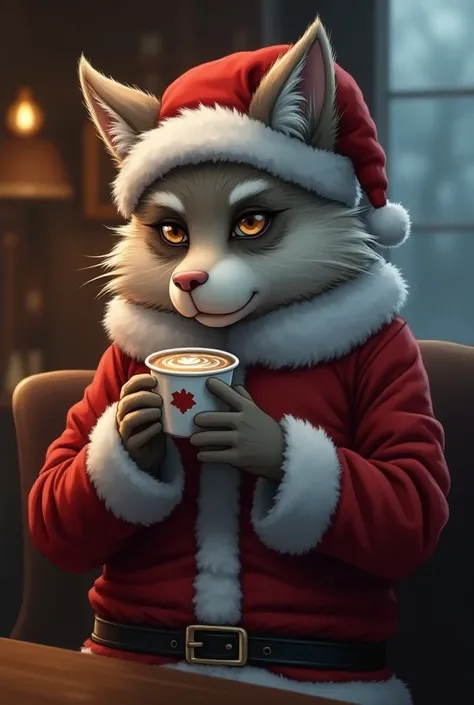 An adult male furry with pale depression on his face wearing Christmas suits drinking anime-style coffee