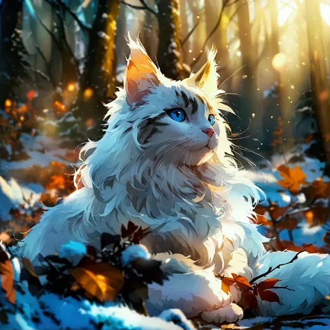 A white fluffy maine coon cat with Stunning blue eyes, adventuring in the winter forest With a beautiful landscape. And theres a floating soul in front of the cat. It also looks like anime and the maine coon cat is laying down, looking at the mythical blue...