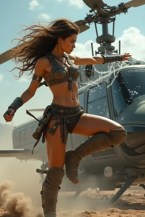 A beautiful warrior woman, brown hair, loincloth, breaking the canopy glass on a helicopter with a kick, shattered glass, parts, smoke coming from the helicopter 