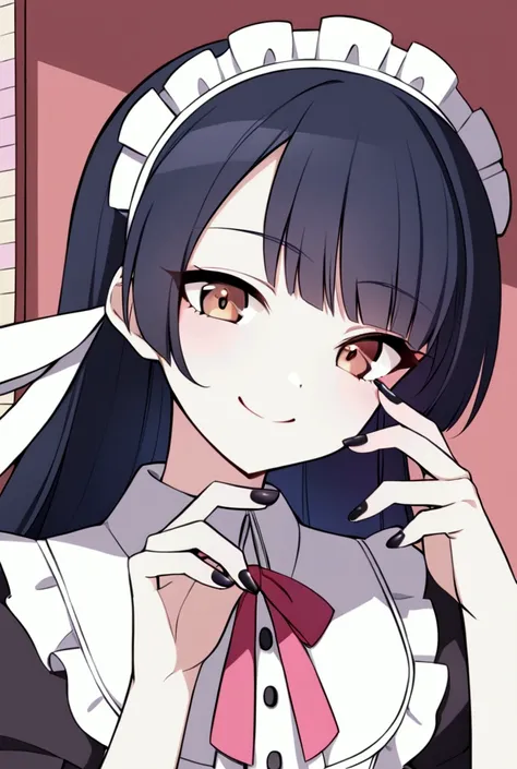 Martha Rose Fernandez, A  girl in maid clothes,  brown eyes,  short black hair, black nails,  smiling,  anime style 