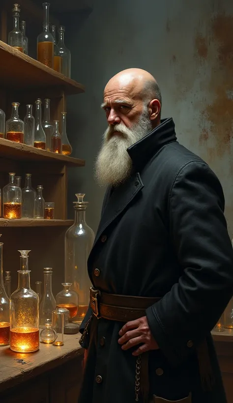 Hennig Brandt ,  a 60-year-old bald and bearded man,  in a laboratory of 1669 , Seeing how the test tubes shine.