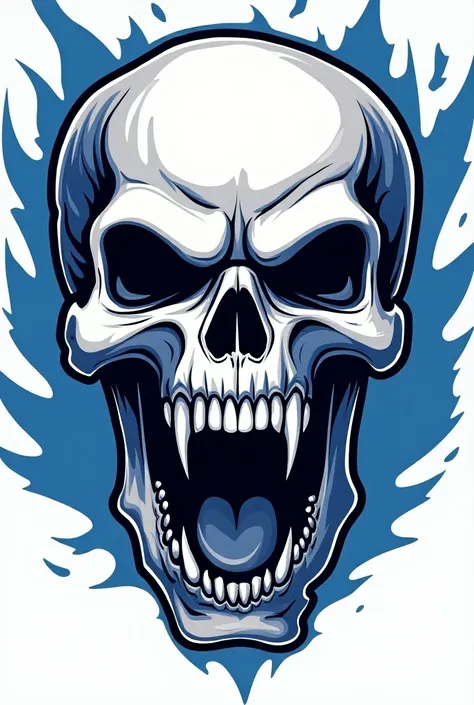 Design an image for a screen-printed polo shirt showing a screaming skull head,  very impressive fighting and giving its war cry to the air .  The image must be associated with the Alianza Lima soccer team , so there must be blue and white tones in the ima...