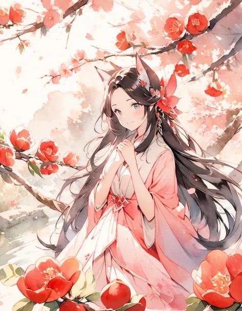 Generate images of Ahri, the League of Legends champion, in her spiritual flourish skin. she must be surrounded by red camellias, plum blossoms, cherry blossoms and peach blossoms. the image should be a closeup, focusing on your serene face and enigmatic s...