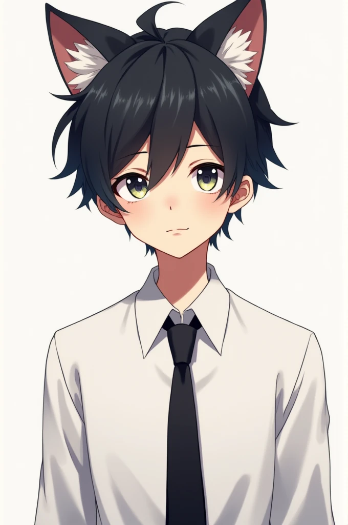 Anime boy with cat ears black hair white shirt and black tie 