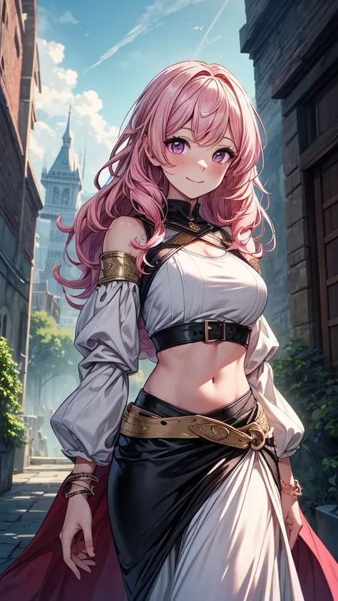 ((masterpiece, best quality:1.3, high detail)), beautiful woman, smile, looking at viewer, long wavy hair, (pink hair), bright purple eyes, light blush, (white shirt crop top, large sleeves), (long black midi (pencil skirt)), midriff, navel, (bracelets), s...