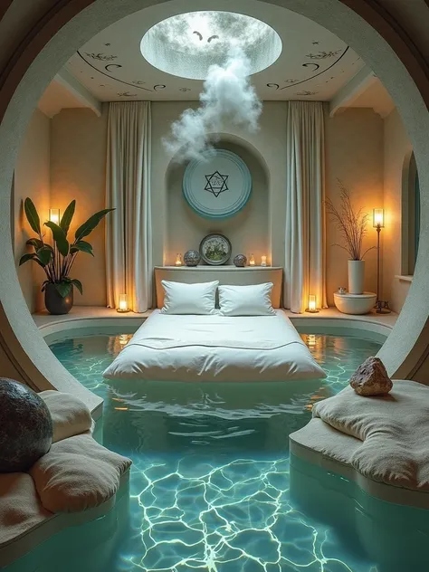 extremelly maximalist, esquisite, elegant, mistery, create a room for an Aquarius person, based on the colors blue, gray and silver, a bed floating in water with caustics underneath, which reflect the calm and elegant personality of Virgos, appreciate the ...