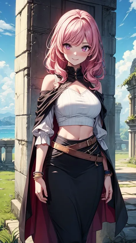 ((masterpiece, best quality:1.3, high detail)), beautiful woman, smile, looking at viewer, long wavy hair, (pink hair), bright purple eyes, light blush, (white shirt crop top, large sleeves), (long black midi pencil (skirt)), black skirt, midriff, navel, (...