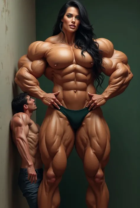 A giant and extremely buff female bodybuilder girl with massive bulging muscles. Her clothes are extremely tight and she is very tall. She has massive bulging chest and massive boobs, a super thin waist, massive super wide hips, enormous muscular thick thi...