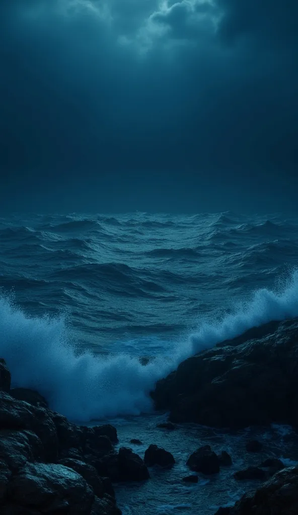 dark dangerous scary ocean water floating in a storm, the ocean is a mixture of blue and black water dur to night light, over th...