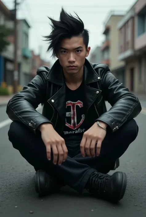 asian slick haired metlahead guy sit on the street pavement looking to the camera