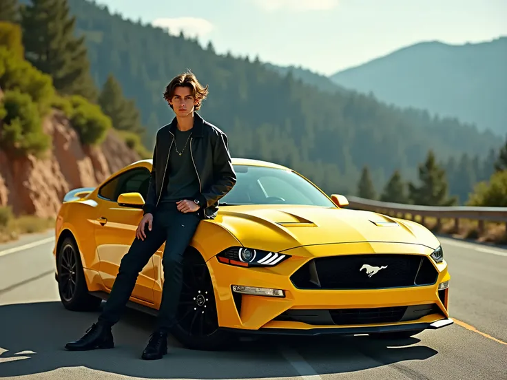 a tall young man sitting on the ford mustang dark hourse 2024 yellow car the background is in beautyful highway the boy wearig a jacket his hair is middle long hair
