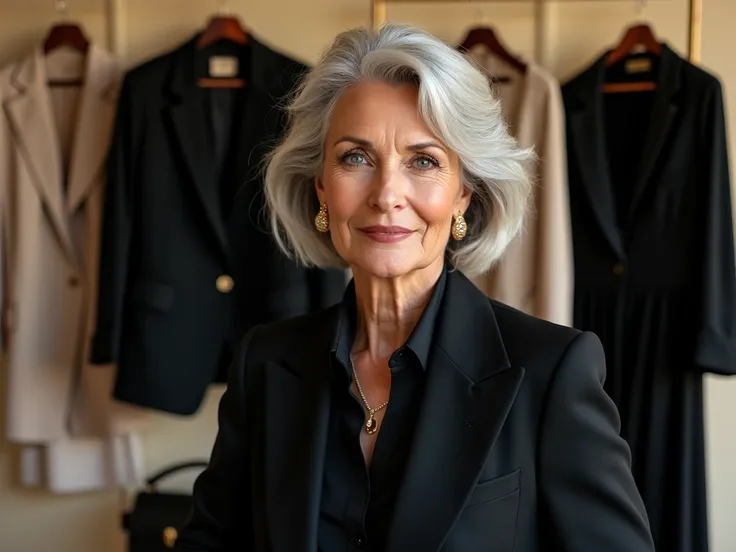 "Design a vibrant, eye-catching rectangular thumbnail featuring a confident, stylish woman over 50, exuding timeless elegance. Showcase her with perfectly styled silver or lightly highlighted hair, dressed in sophisticated, high-quality clothing that blend...