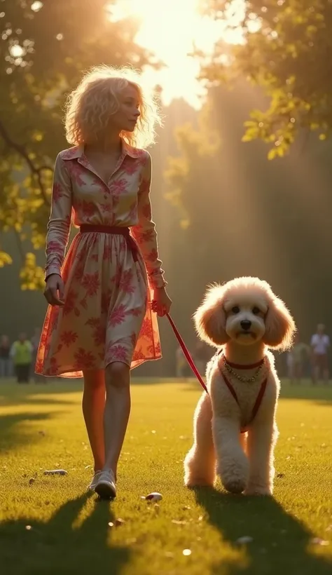 (photorealism:9.16), Little Poodle and a beautifum woman using a sportive dress, both walking in a park, soft lighting, public park in background, sunlight,, realistic, cinematic, warm colors, by Greg Rutkowski, by Alphonse Mucha