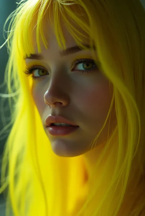  long yellow hair, yellow eyes, futuristic vibes, 
 Russian blonde model has a very distinctive face structure. They tend to have high cheekbones, which gives their faces an angular shape. Their noses are usually straight or slightly pointed, and they ofte...