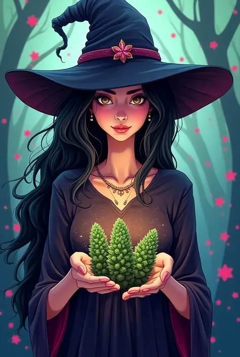 A witch holding some cannabis buds, animation style, a logo for a gallery 