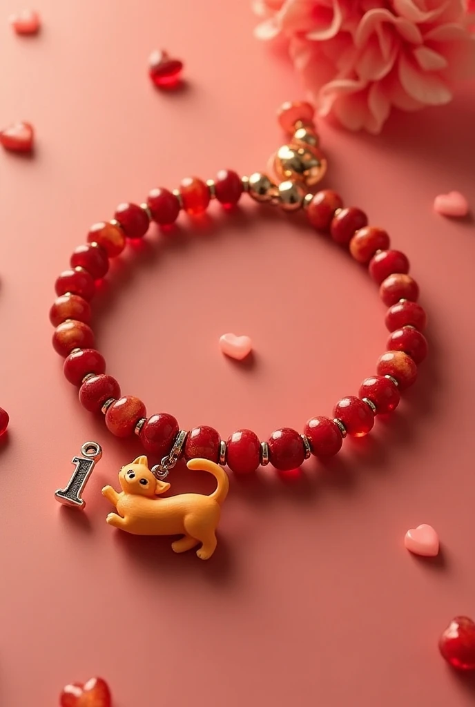  A vibrant beaded bracelet in shades of red ,  with a detailed sequence of small beads . in the center,  there is a charm with the initial I ,  next to a miniature orange kitten ,  carefully sculpted to resemble an adorable orange cat .  Several delicate h...