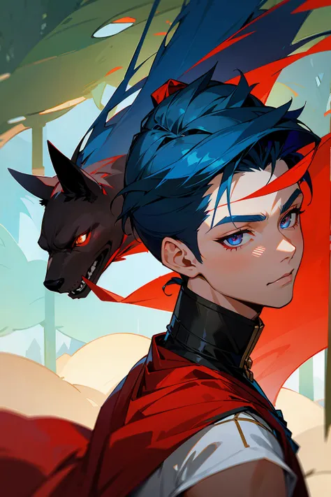 1male, Young Adult, Steel Blue Hair, Short Ponytail, Crimson Eyes, Undercut, Loose Arabian Clothing, Forest Background, Masculine, Feral