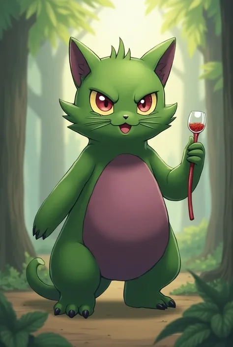 Now there was the initial plant-type Pokémon in its second evolution, being medium-sized, inspired by the god of wine, who is a cat and that his belly and mustaches are purple, his body that is still green, that he is tender 