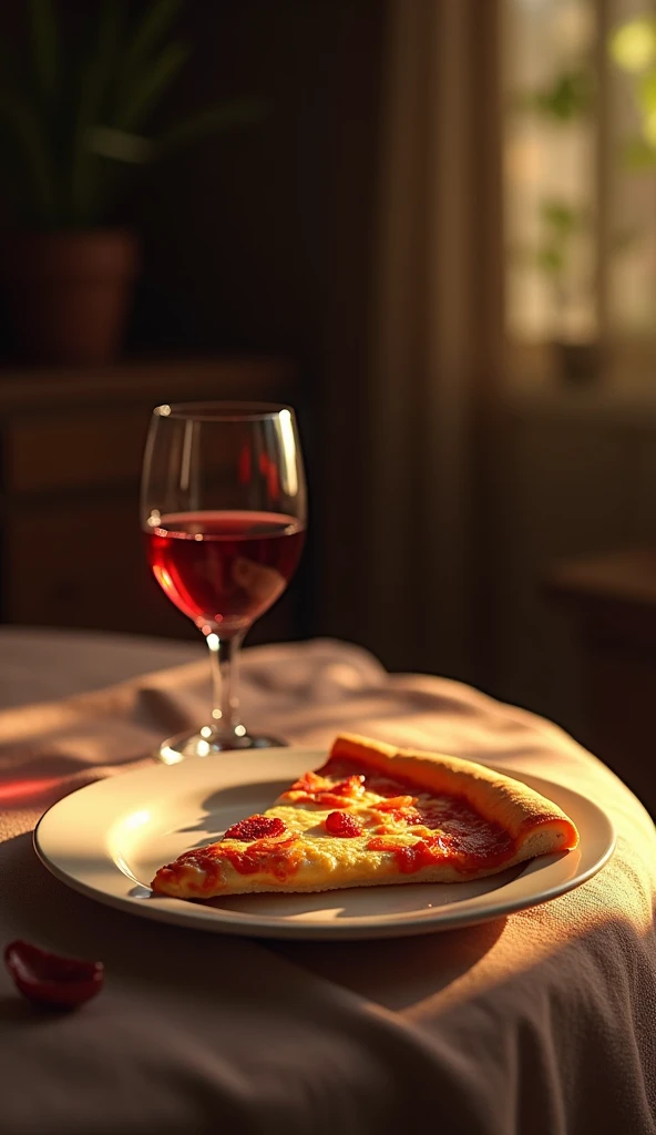 a more natural and more humanized image of a plate with a piece of pizza, with a glass of red wine next to  