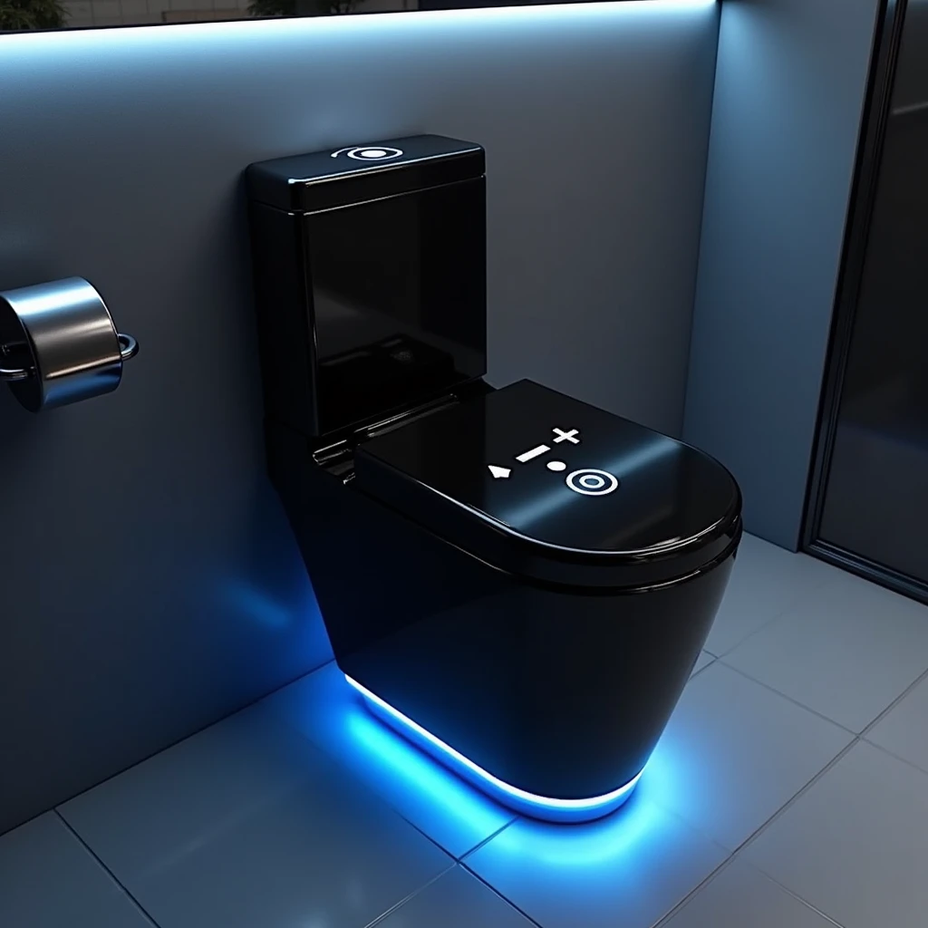 Create an image of a toilet designed with a sleek, modern look inspired by PlayStation. The toilet is a glossy black with subtle blue LED lighting around the base, echoing the aesthetic of the PlayStation console. The tank and lid feature the iconic PlaySt...