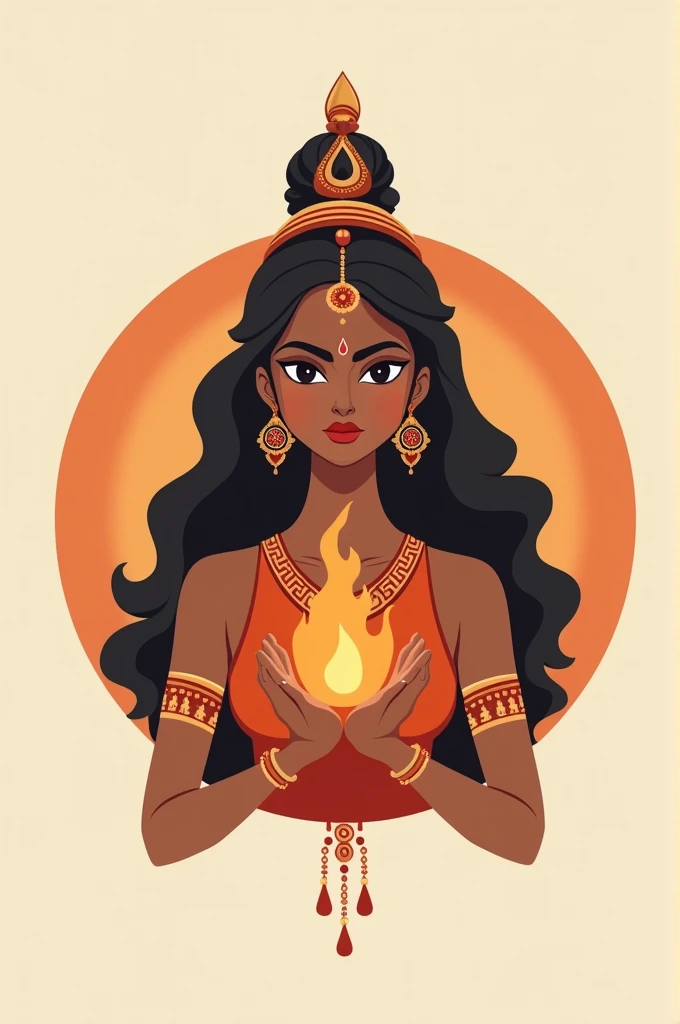  create the image for a store logo of a figure similar to the goddess Kali with Indian features such as rounded and large eyes but not exaggerated, With long dark brown wavy hair doing the Fire Hand pose but without fire  