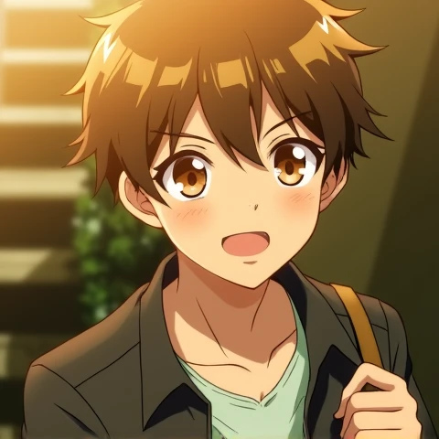 A 17-year-old anime character,  short hair, castanho jacket,  brown eyes  