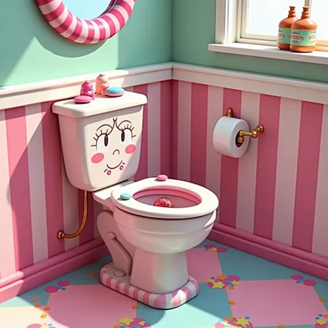 Create an image of a toilet inspired by Vanellope von Schweetz, with a playful, candy-themed design that captures her quirky and sweet personality. The toilet is a soft pastel color, like mint green or pink, with accents resembling candy decorations. The t...