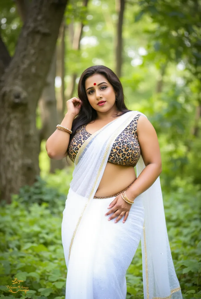 this photograph features a plus size model vidyabalanflux posing outdoors in a lush, green forest setting. she is a south asian ...