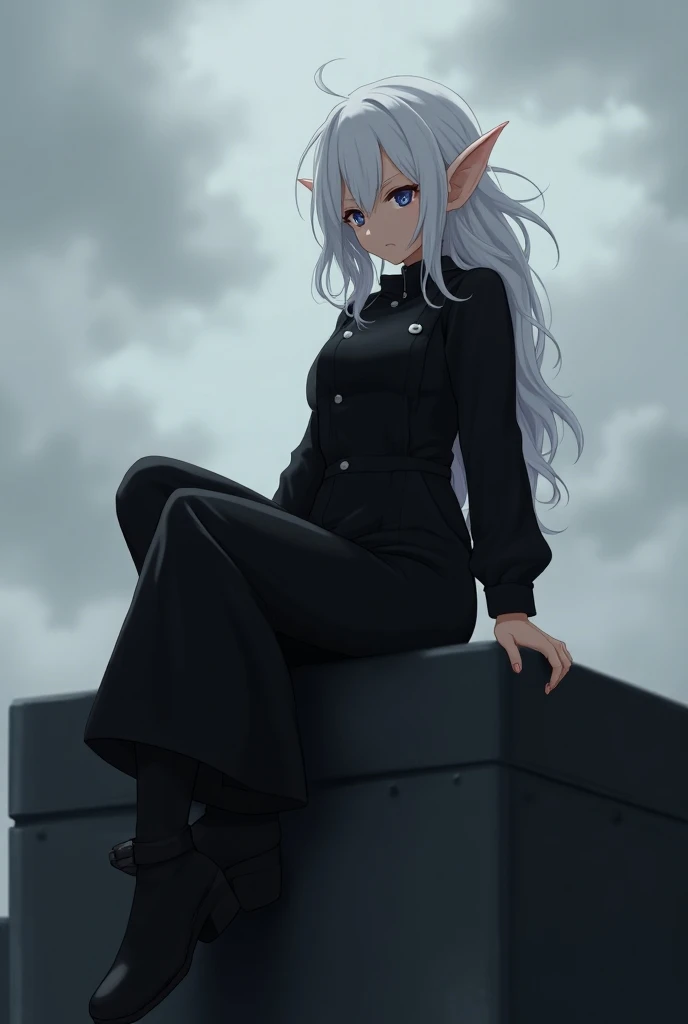  An anime-style white-haired elf woman wearing black clothes and especially black overalls, with a serious, cold look, sitting on top of a dark building with gray skies Franja, Vista lateral, Capuz, Anime, 