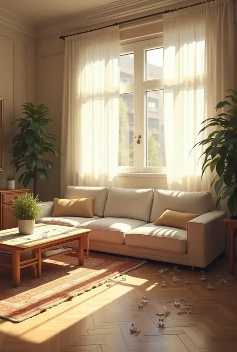 a devastated living room. light parquet floor, white couch beige cushions. and carpet under the living room table in a masionette apartment, table is broken, glasses are lying on the floor