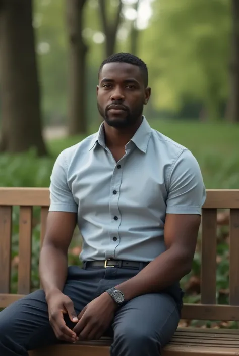 Photo dun jeune homme africain de 21 ans, couleur de peau chocolat, cheveux crépus (niveau 1) mais bien coiffé (partie bas rasé), style de vêtement simple dinformaticien, assi sur un banc, tout seul dans un parc. Je veux quen voyant ce photo 3D, on reconna...