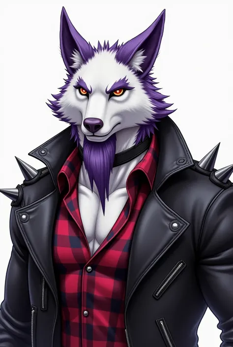 Adult male human , fur: Human, white, by: purple,  up to the trunk of the neck ,  purple wolf ears , purple goat beard , black collar with gray spikes ,  black leather jacket with gray spikes on the shoulders,  red plaid shirt V-neck ,  with muscles from c...