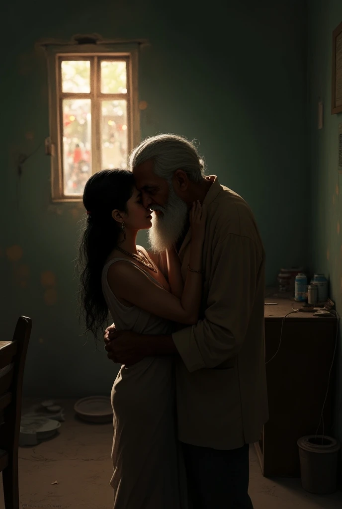 Realistic image. Indian teen girl in kissing with muslim old man at poor house in india at eid. There is small window in wall and behind the wall people are celebrating festival clearly visible on window