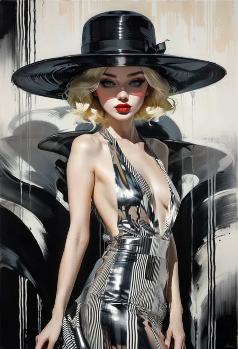 chiaroscuro technique on sensual illustration of an elegant  glamour a girl with elegant hat black and white barcode generates the subtitles, vintage beauty, eerie, the model draped in flowing, thick oil painting, by Hannah Dale, by Harumi Hironaka, extrem...